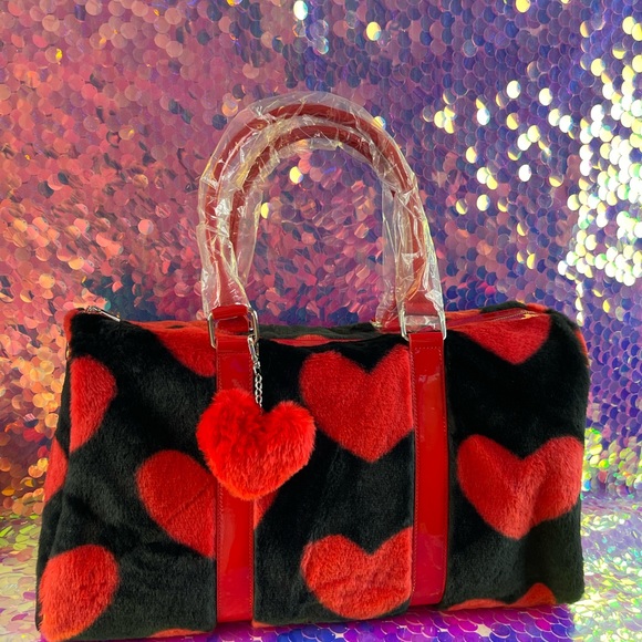 Dolls Kill Black Red Fuzzy Hearts Weekender - Picture 2 of 3